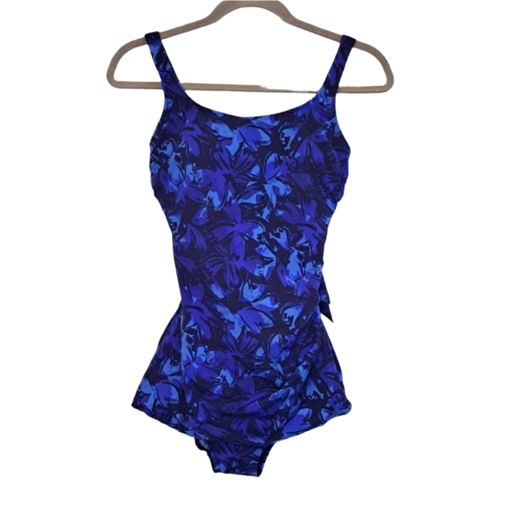 L.L. Bean Blue One Piece Wrap Style Tropical Swimsuit Size 10